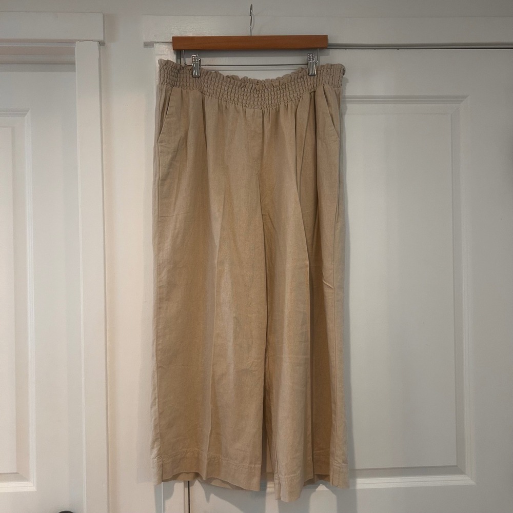 Land 'n Sea Beige Linen Smocked‎ Waist Wide Leg Pull On Pants 2X Beachy Coastal